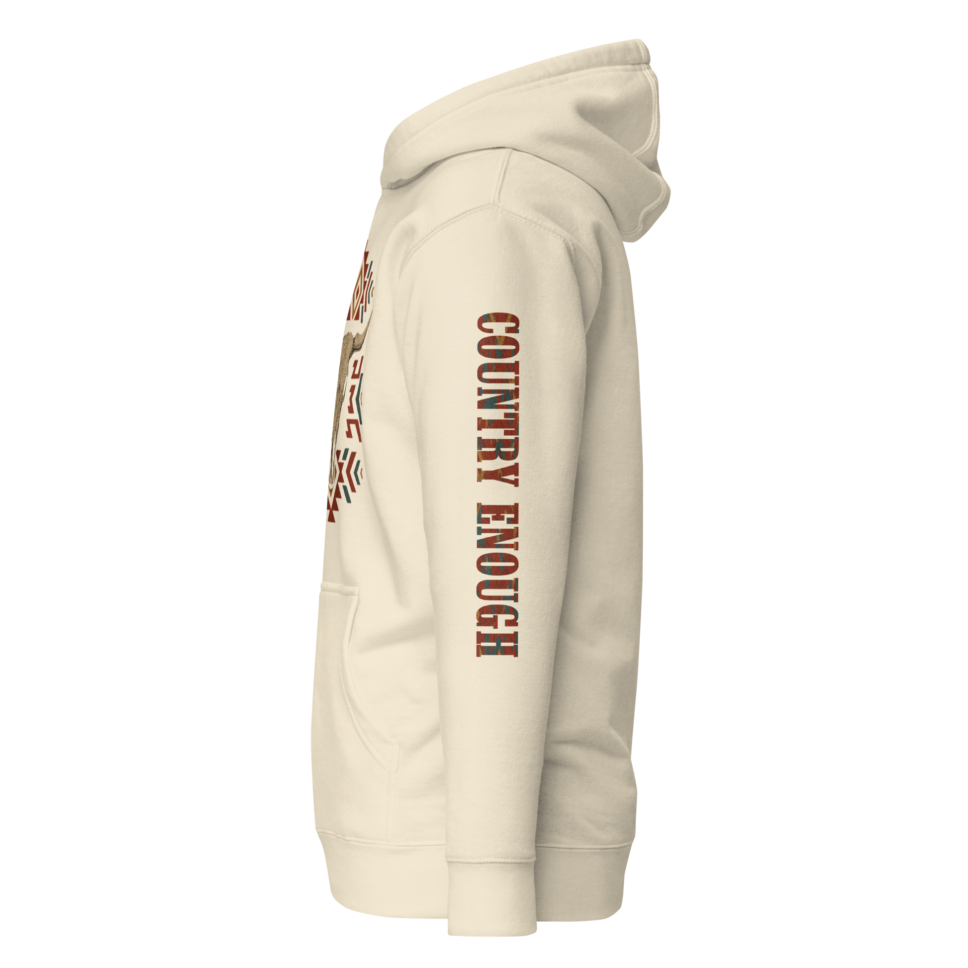 Cream hoodie with graphic of aztec patter, bull skull, and the words country enough #cream