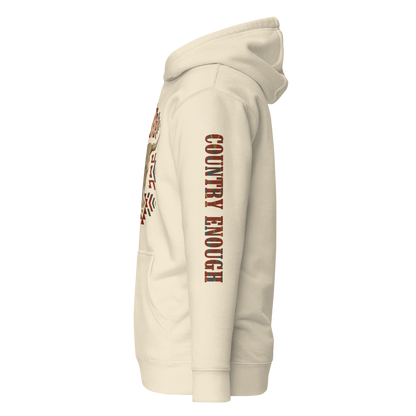 Cream hoodie with graphic of aztec patter, bull skull, and the words country enough #cream