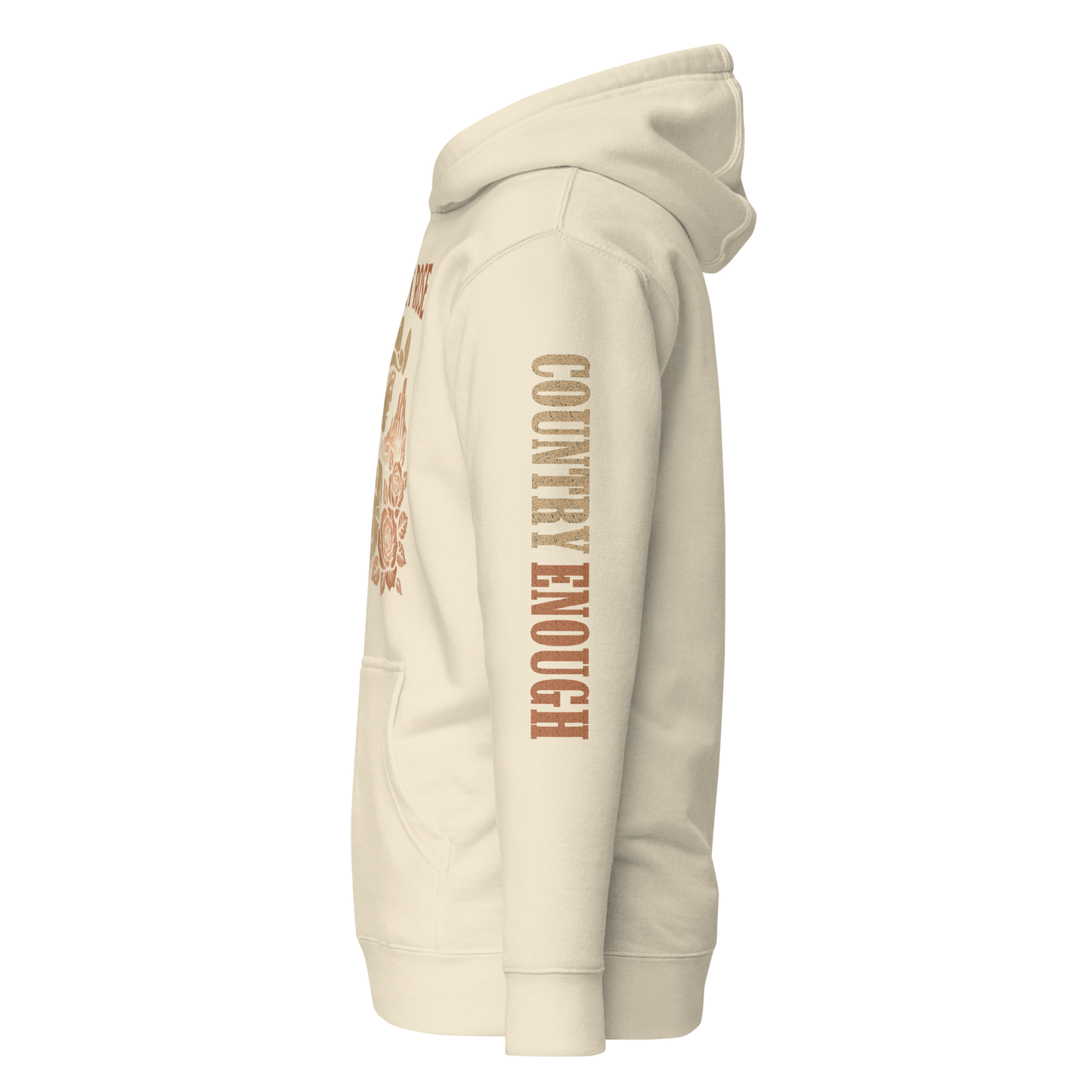 Cream hoodie with graphic of cowgirl, roses, sun, and desert landscape #cream