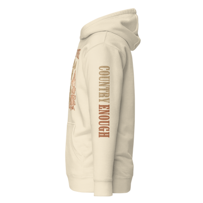 Cream hoodie with graphic of cowgirl, roses, sun, and desert landscape #cream