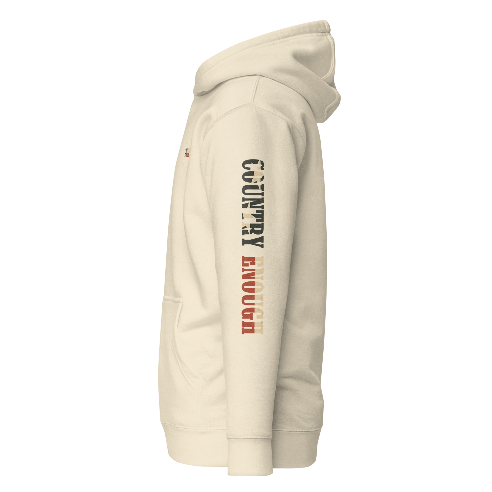 Cream hoodie with graphic of the words country enough filled with the American flag #cream