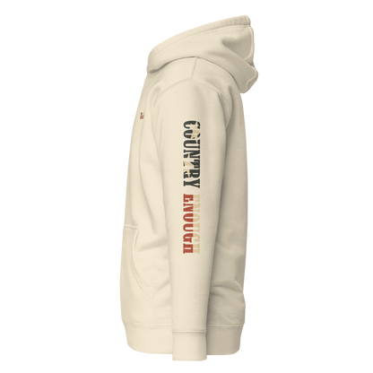 Cream hoodie with graphic of the words country enough filled with the American flag #cream