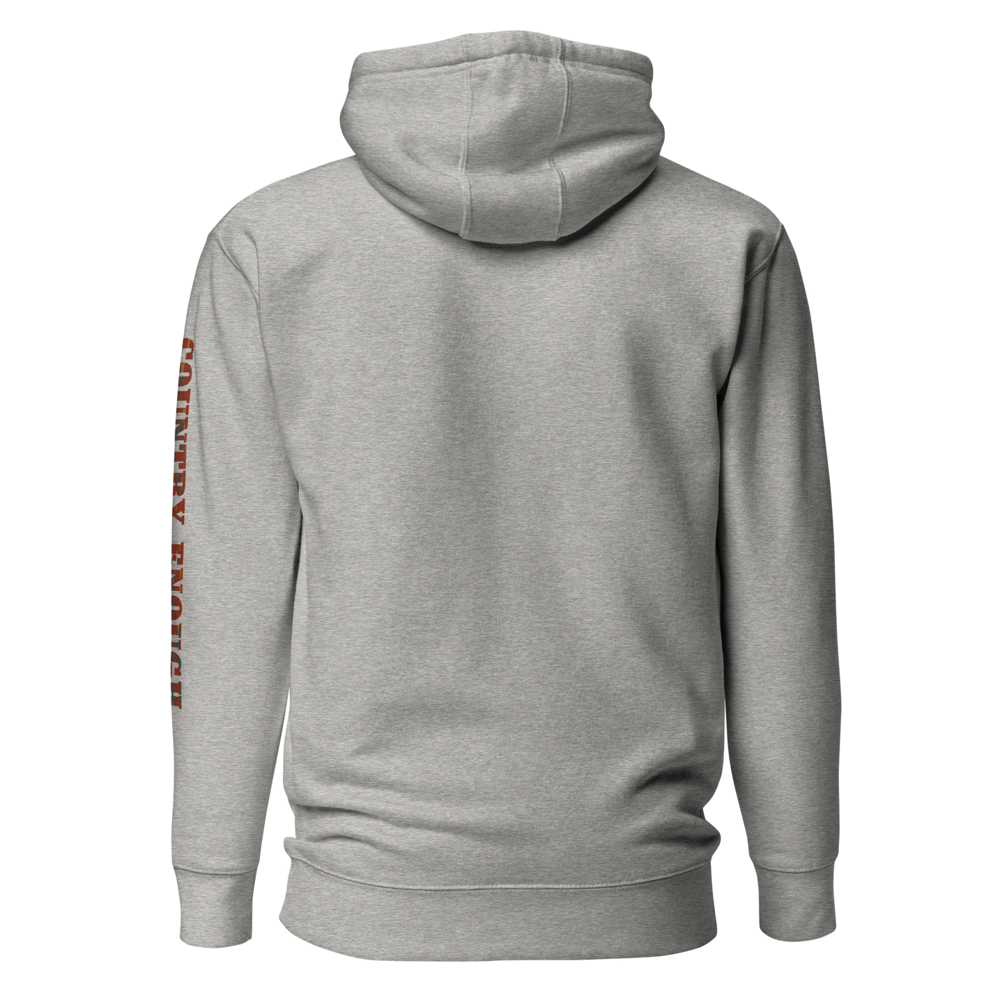 Carbon Gray hoodie with graphic of aztec patter, bull skull, and the words country enough #carbongray