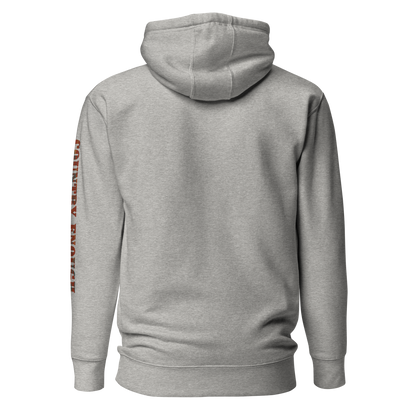 Carbon Gray hoodie with graphic of aztec patter, bull skull, and the words country enough #carbongray