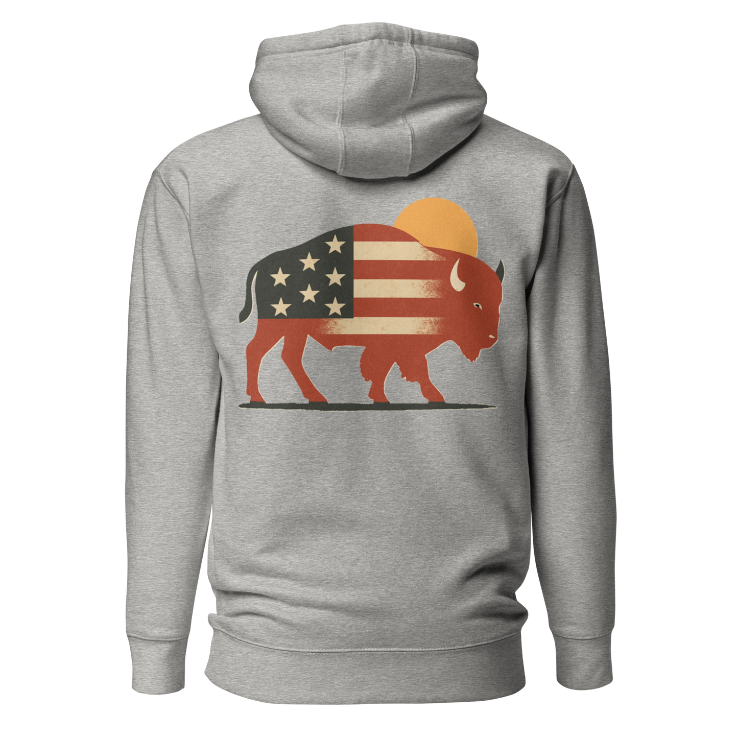 Carbon Gray hoodie with graphic of American flag filled bison and sun #carbongray