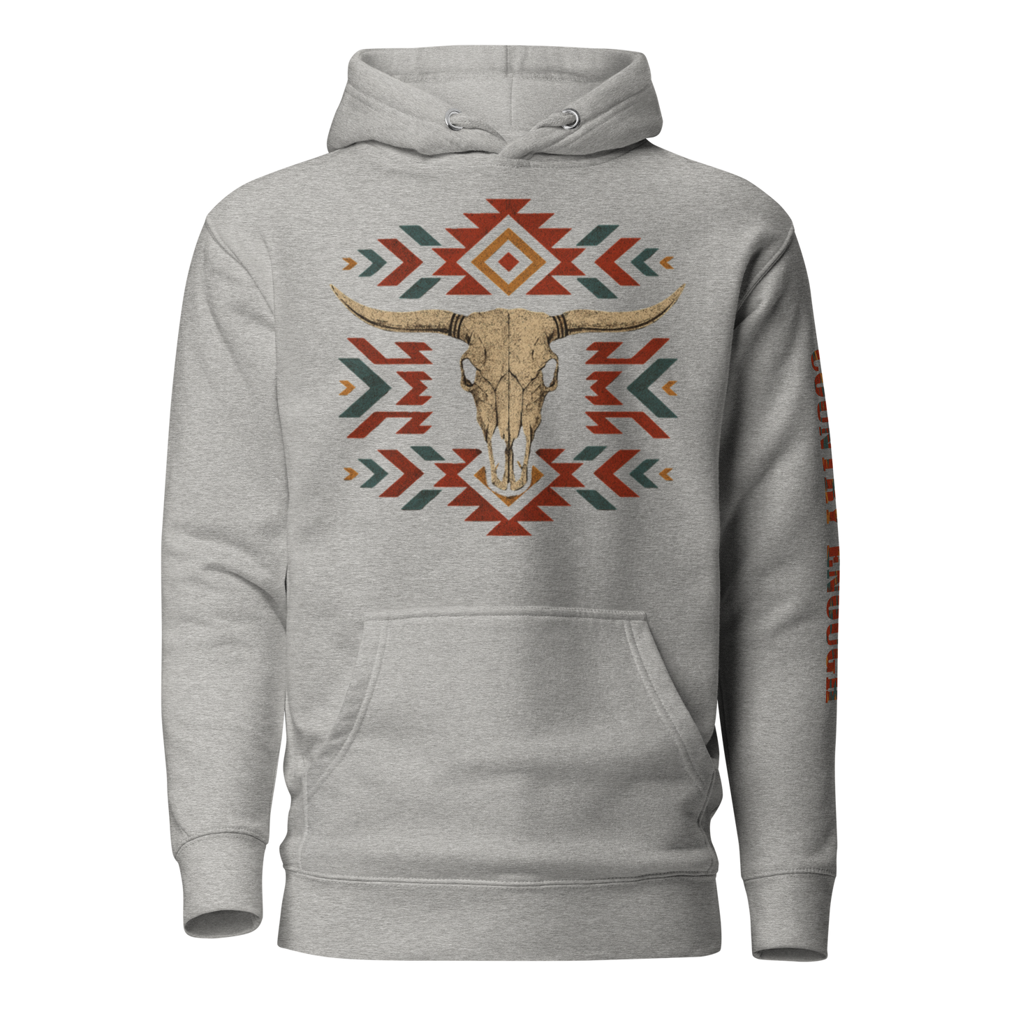 Carbon Gray hoodie with graphic of aztec patter, bull skull, and the words country enough #carbongray