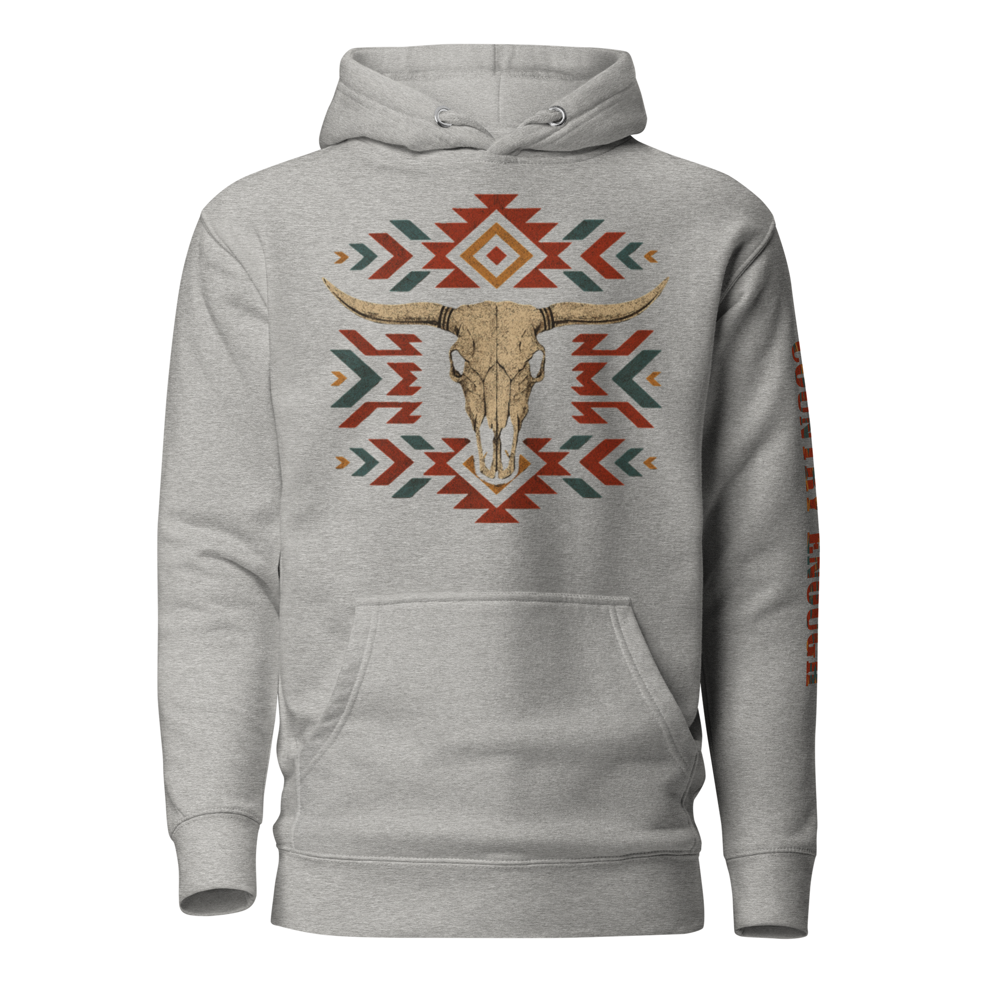 Carbon Gray hoodie with graphic of aztec patter, bull skull, and the words country enough #carbongray
