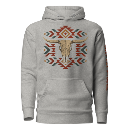 Carbon Gray hoodie with graphic of aztec patter, bull skull, and the words country enough #carbongray