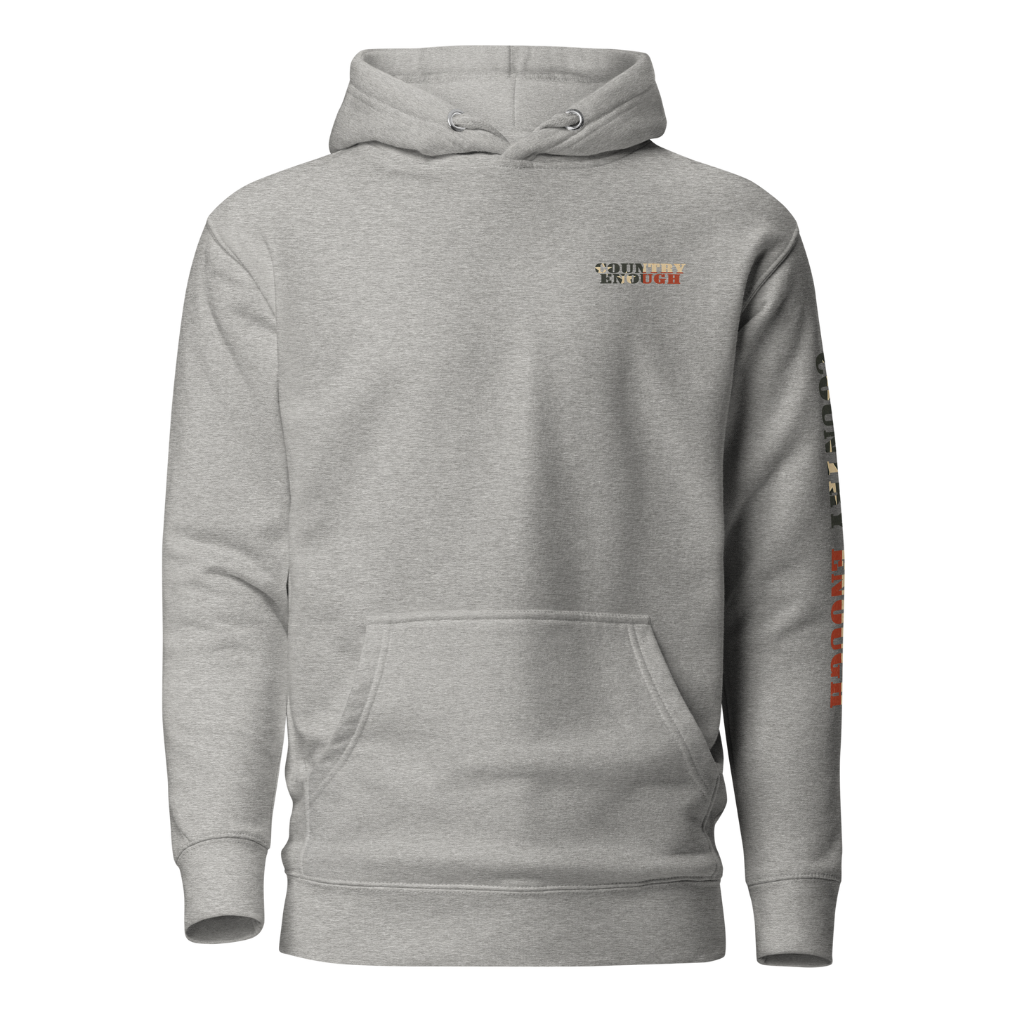 Carbon Gray hoodie with graphic of the words country enough filled with the American flag #carbongray