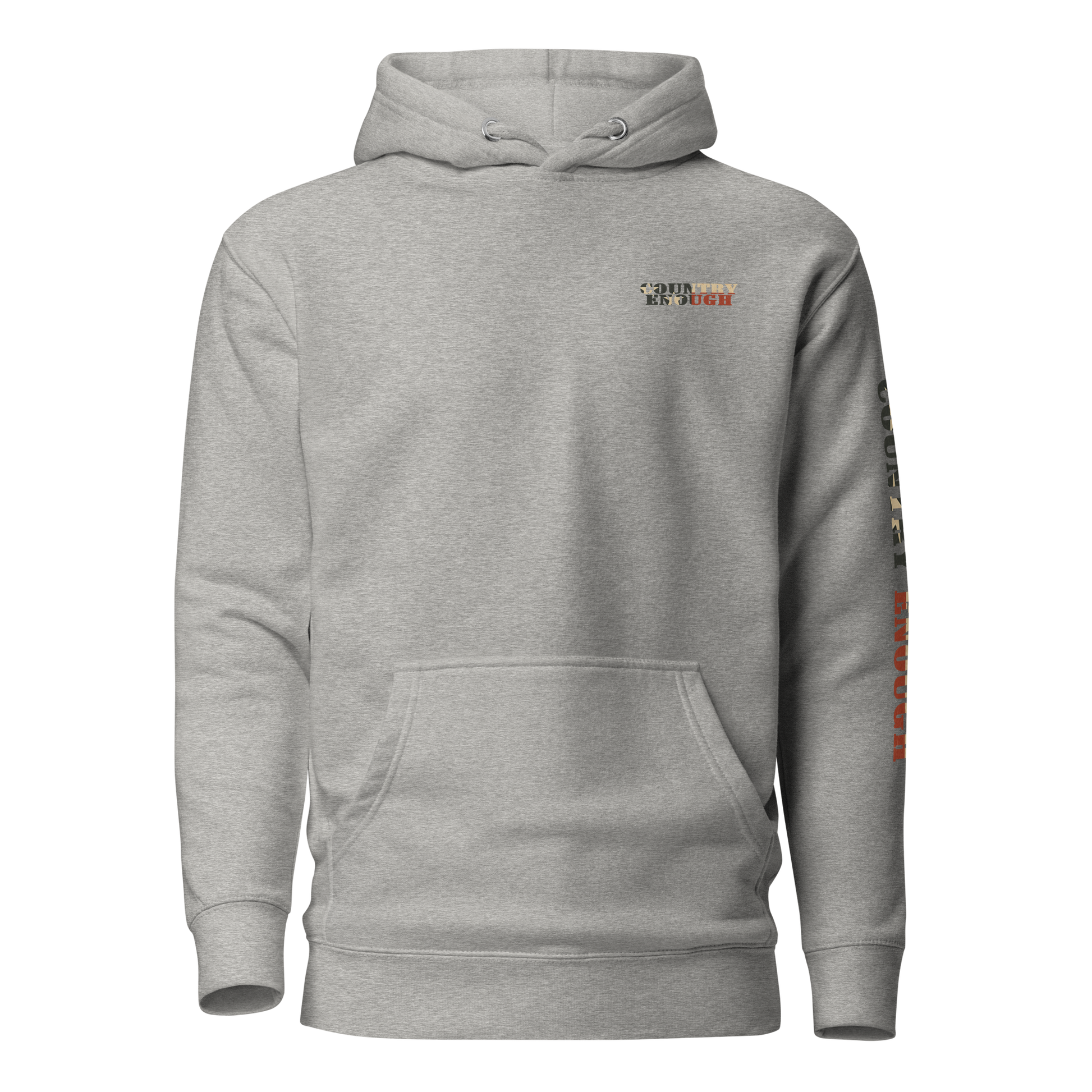 Carbon Gray hoodie with graphic of the words country enough filled with the American flag #carbongray