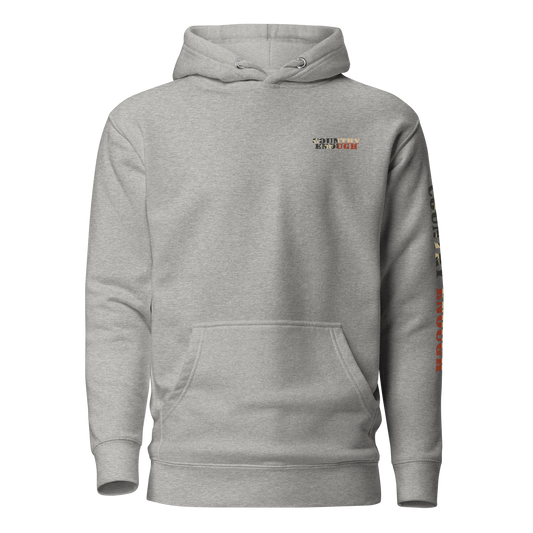 Carbon Gray hoodie with graphic of the words country enough filled with the American flag #carbongray