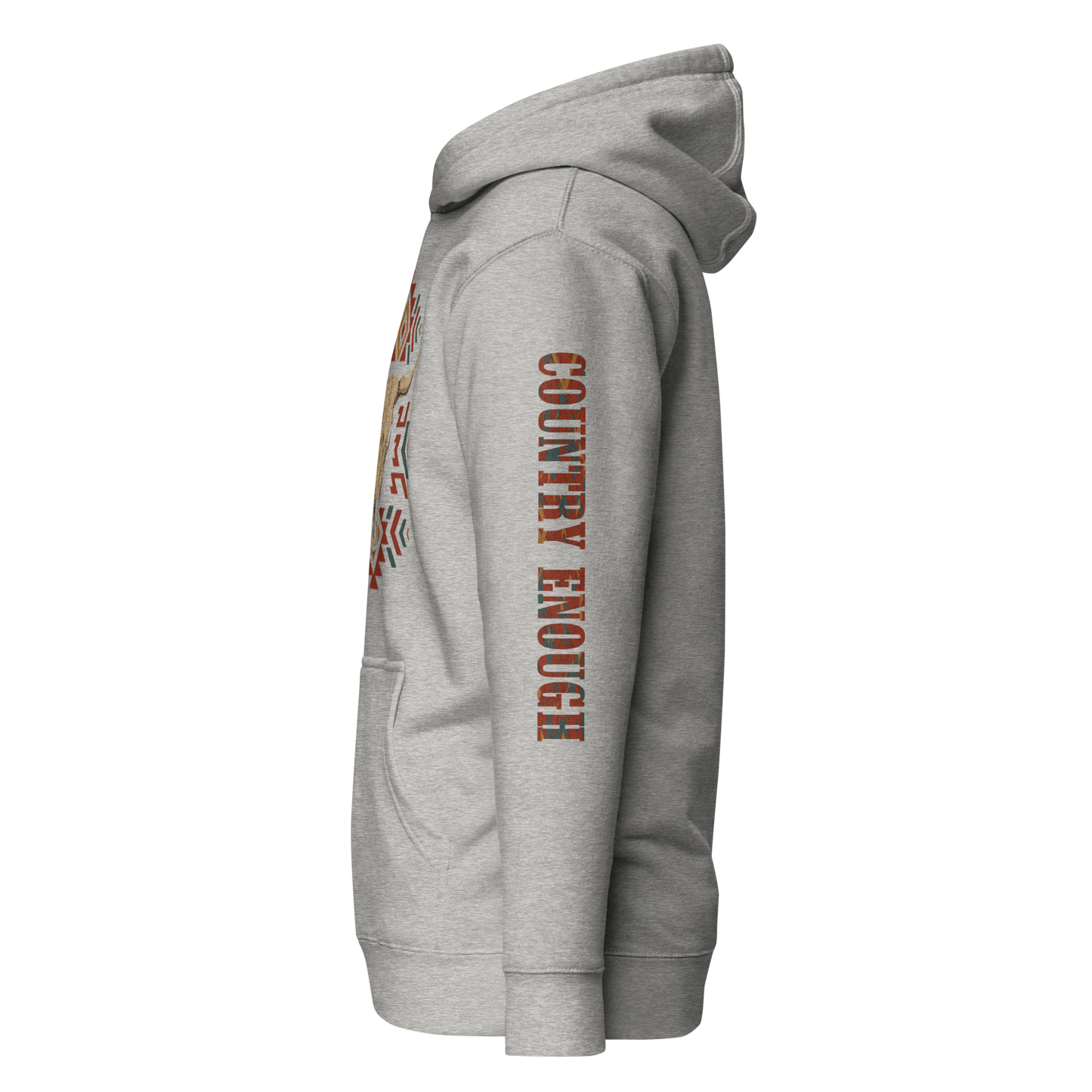 Carbon Gray hoodie with graphic of aztec patter, bull skull, and the words country enough #carbongray