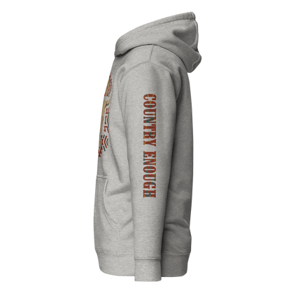 Carbon Gray hoodie with graphic of aztec patter, bull skull, and the words country enough #carbongray