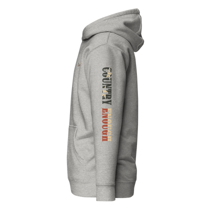 Carbon Gray hoodie with graphic of the words country enough filled with the American flag #carbongray
