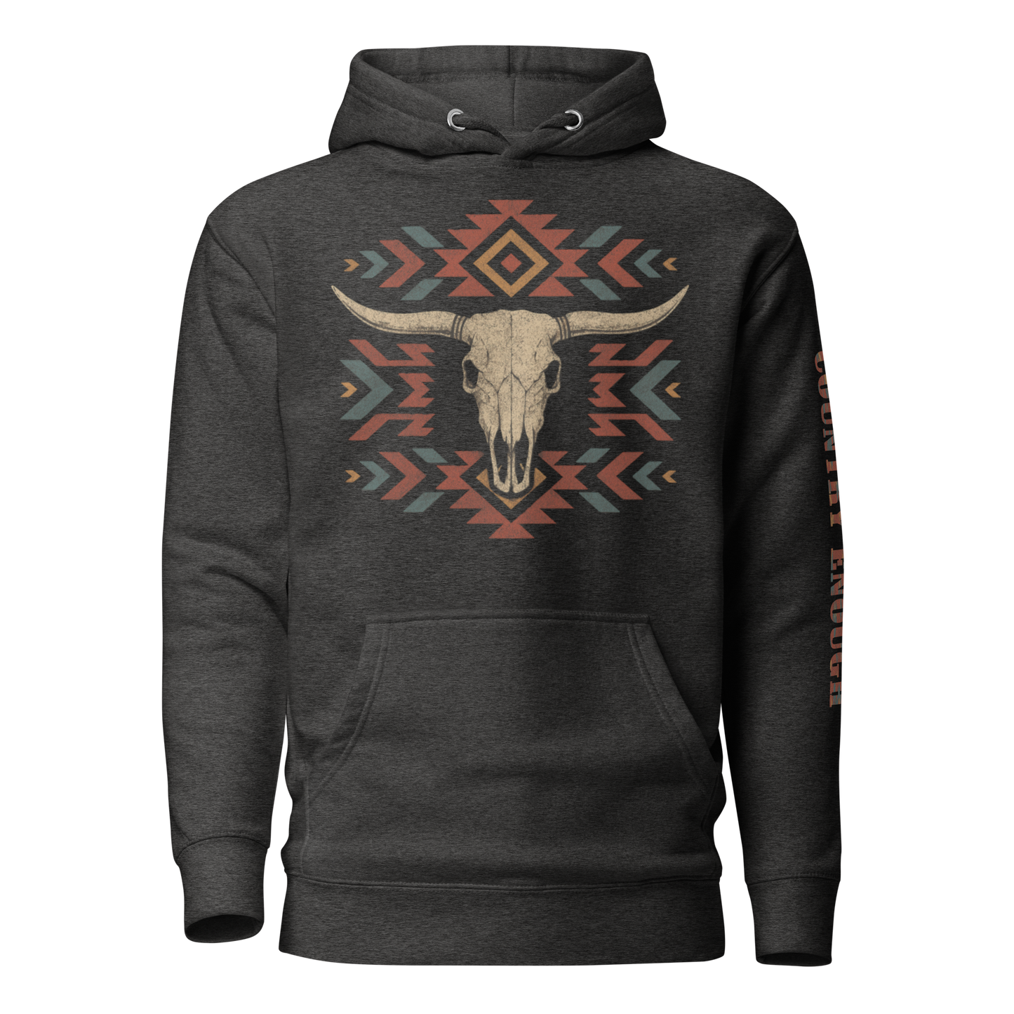 Dark Grey Heather hoodie with graphic of aztec patter, bull skull, and the words country enough #darkgreyheather