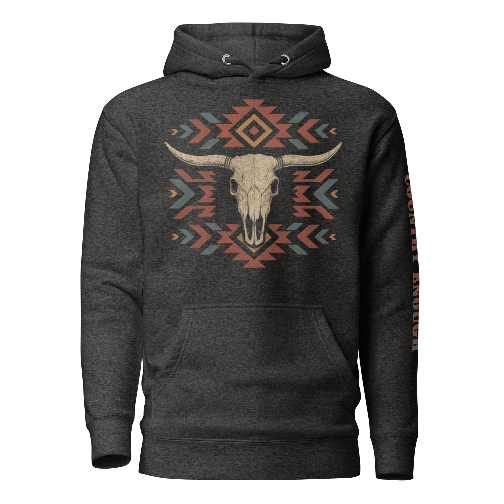 Dark Grey Heather hoodie with graphic of aztec patter, bull skull, and the words country enough #darkgreyheather