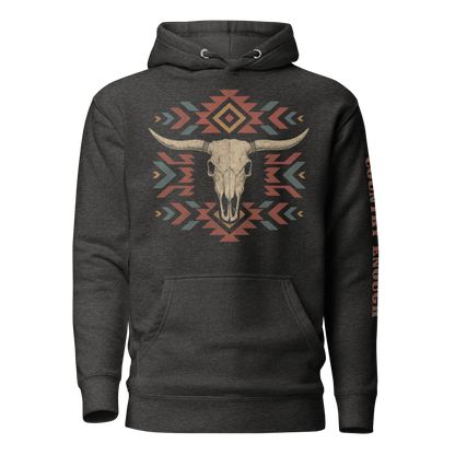 Dark Grey Heather hoodie with graphic of aztec patter, bull skull, and the words country enough #darkgreyheather
