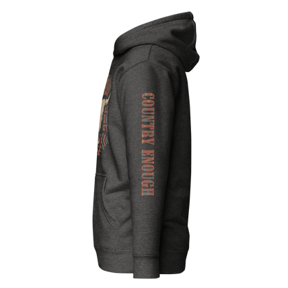 Dark Grey Heather hoodie with graphic of aztec patter, bull skull, and the words country enough #darkgreyheather