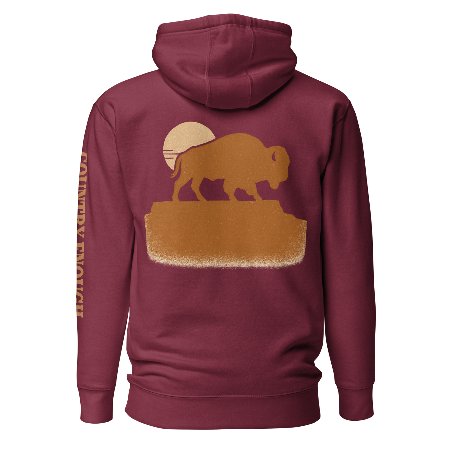 Maroon hoodie with graphic of bison atop a plateau, the sun behind, and the words country enough #maroon