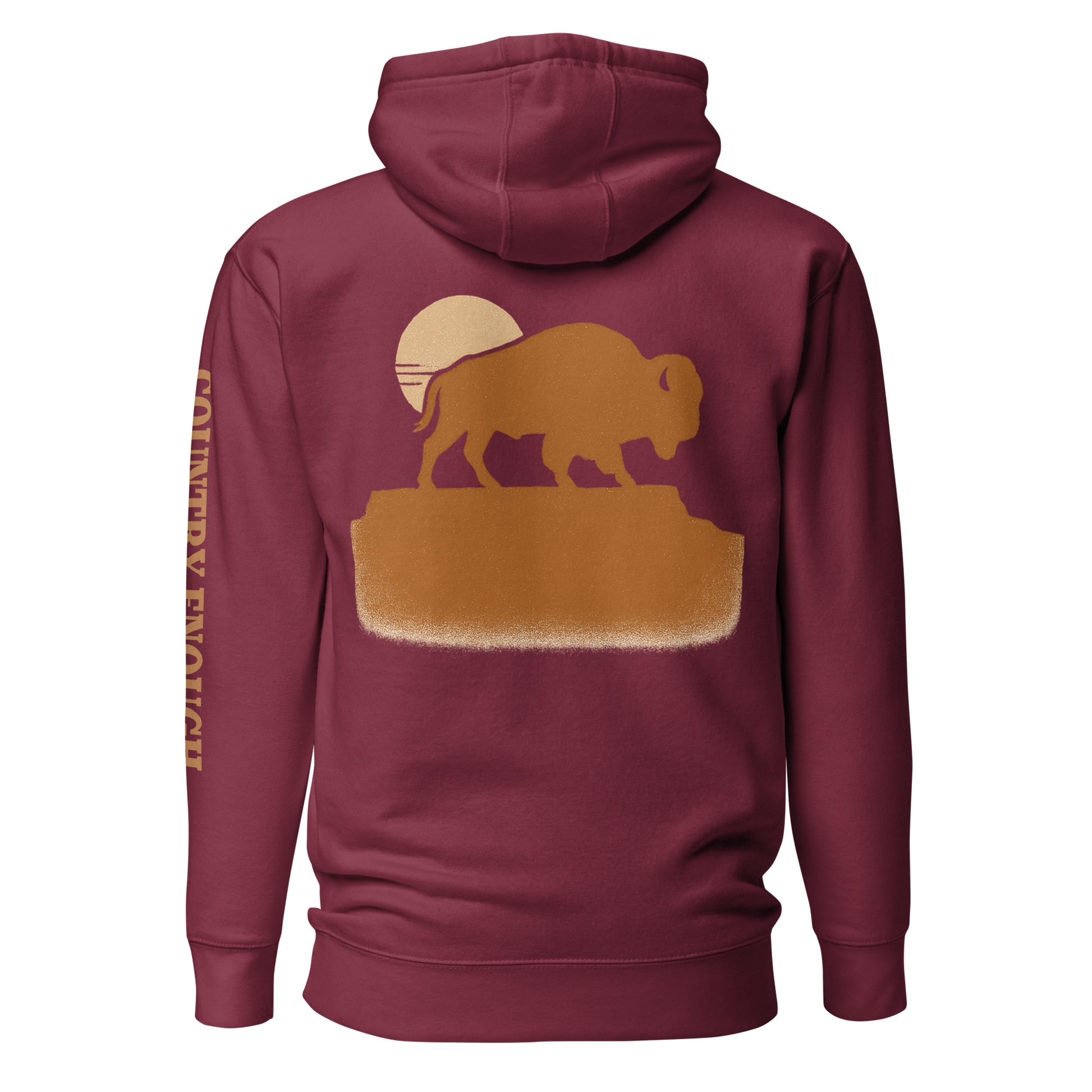 Maroon hoodie with graphic of bison atop a plateau, the sun behind, and the words country enough #maroon