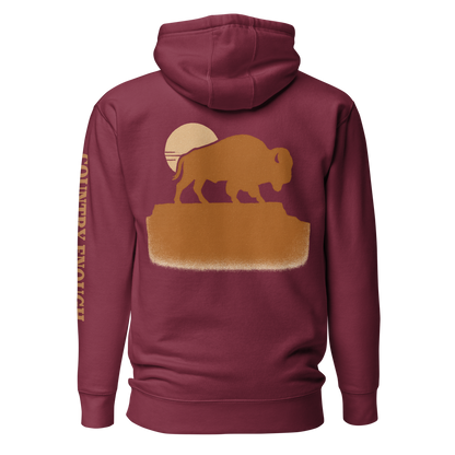 Maroon hoodie with graphic of bison atop a plateau, the sun behind, and the words country enough #maroon