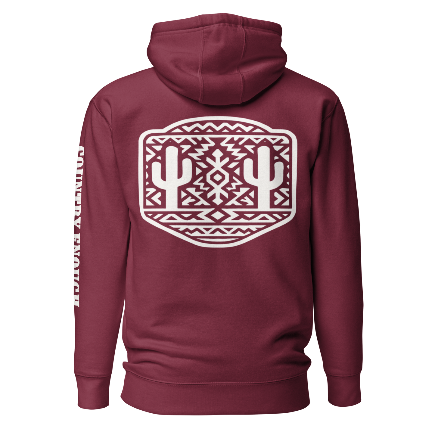 Maroon Hoodie with a geometric graphic surrounding aztec pattern and mirrored cacti. #maroon