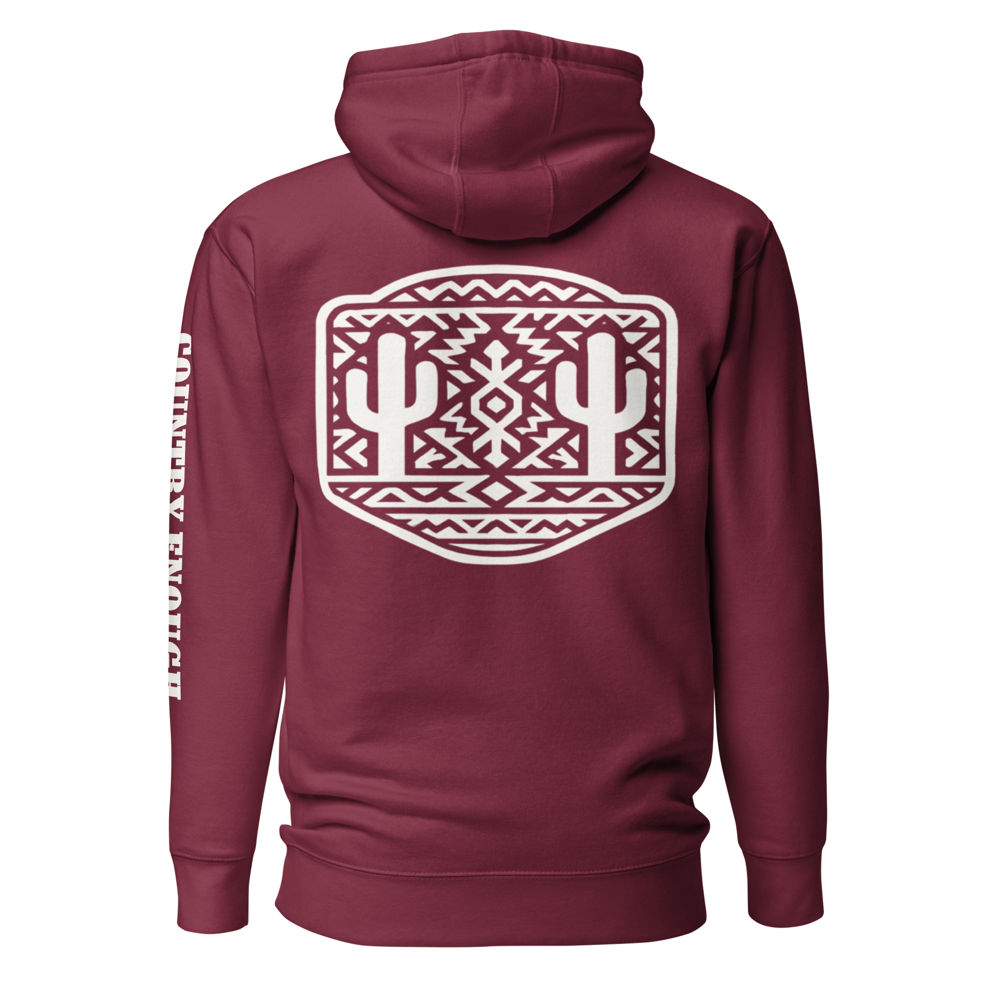 Maroon Hoodie with a geometric graphic surrounding aztec pattern and mirrored cacti. #maroon