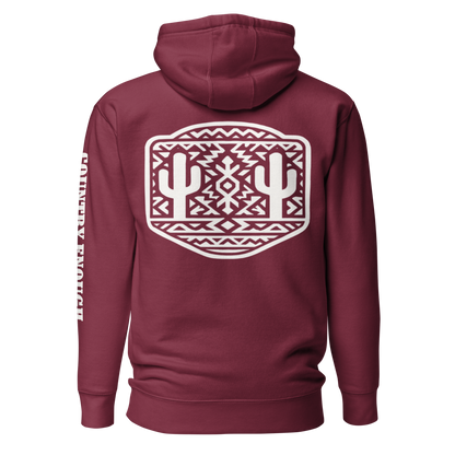 Maroon Hoodie with a geometric graphic surrounding aztec pattern and mirrored cacti. #maroon