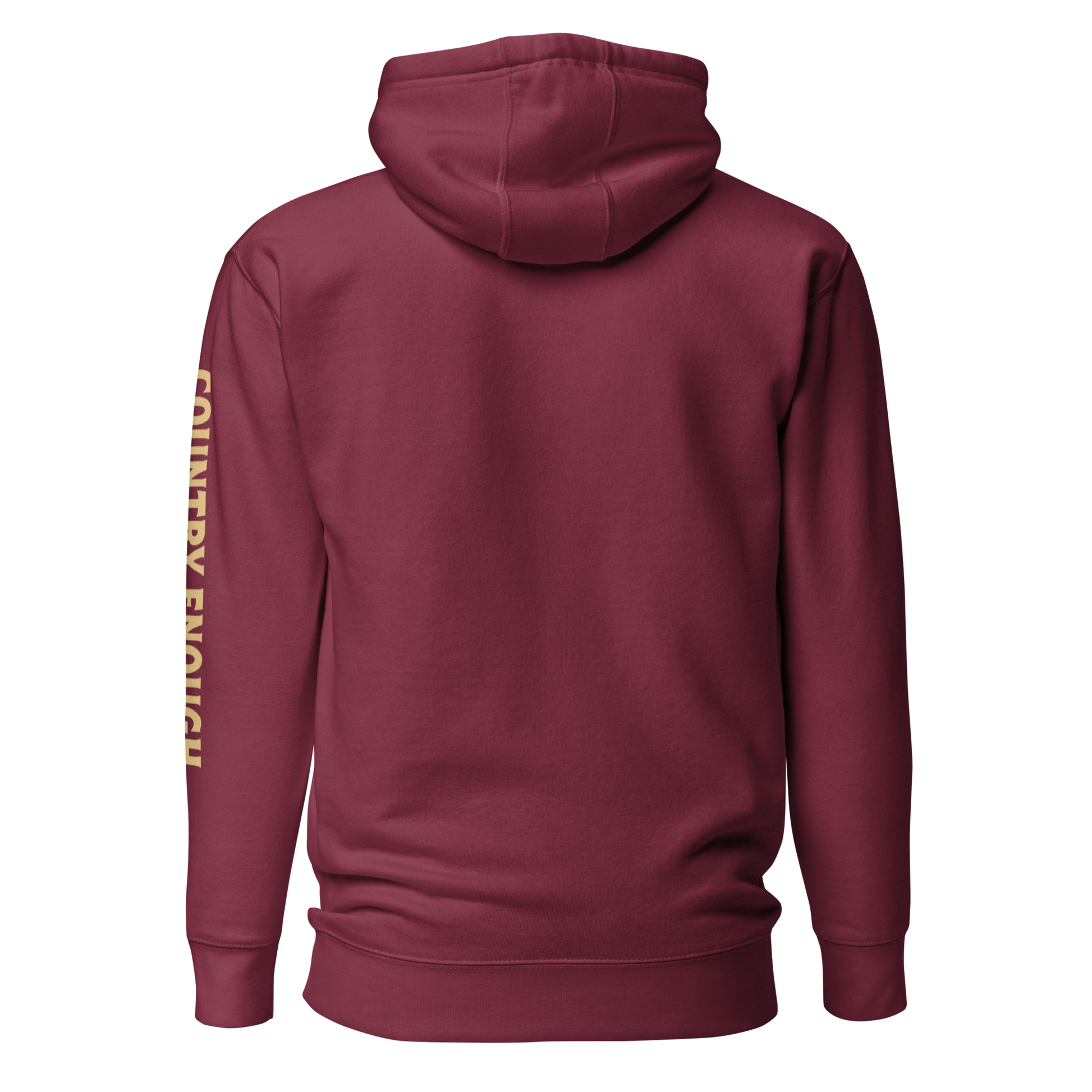 Maroon hoodie with circular graphic of a cowboy, horse, campfire, sun, cacti and desert landscape with words country enough #maroon