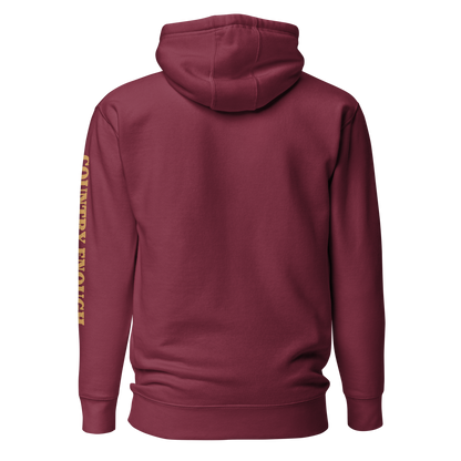 Maroon hoodie with circular graphic of a bison, starry sky, and the words country enough and hold the range #maroon
