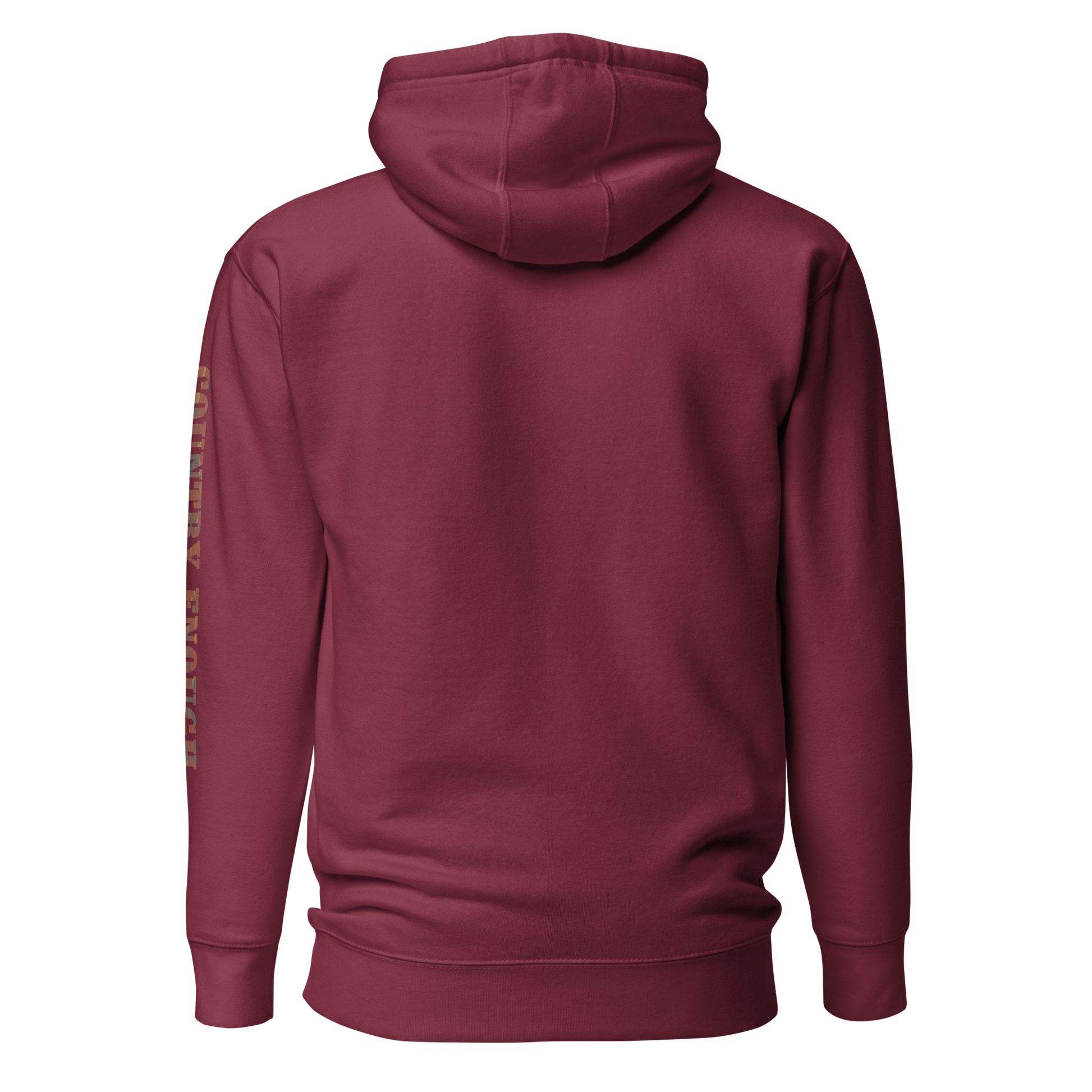 Maroon hoodie with graphic of aztec patter, bull skull, and the words country enough #maroon