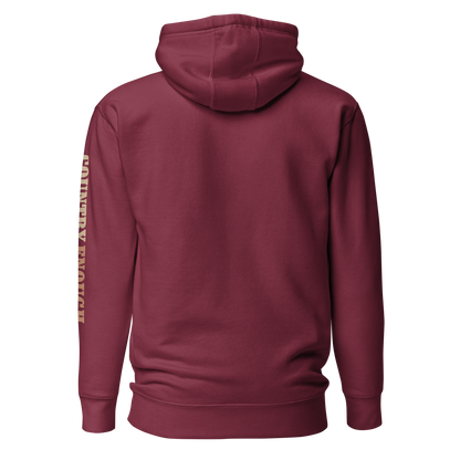 Maroon hoodie with graphic of cowgirl, roses, sun, and desert landscape #maroon