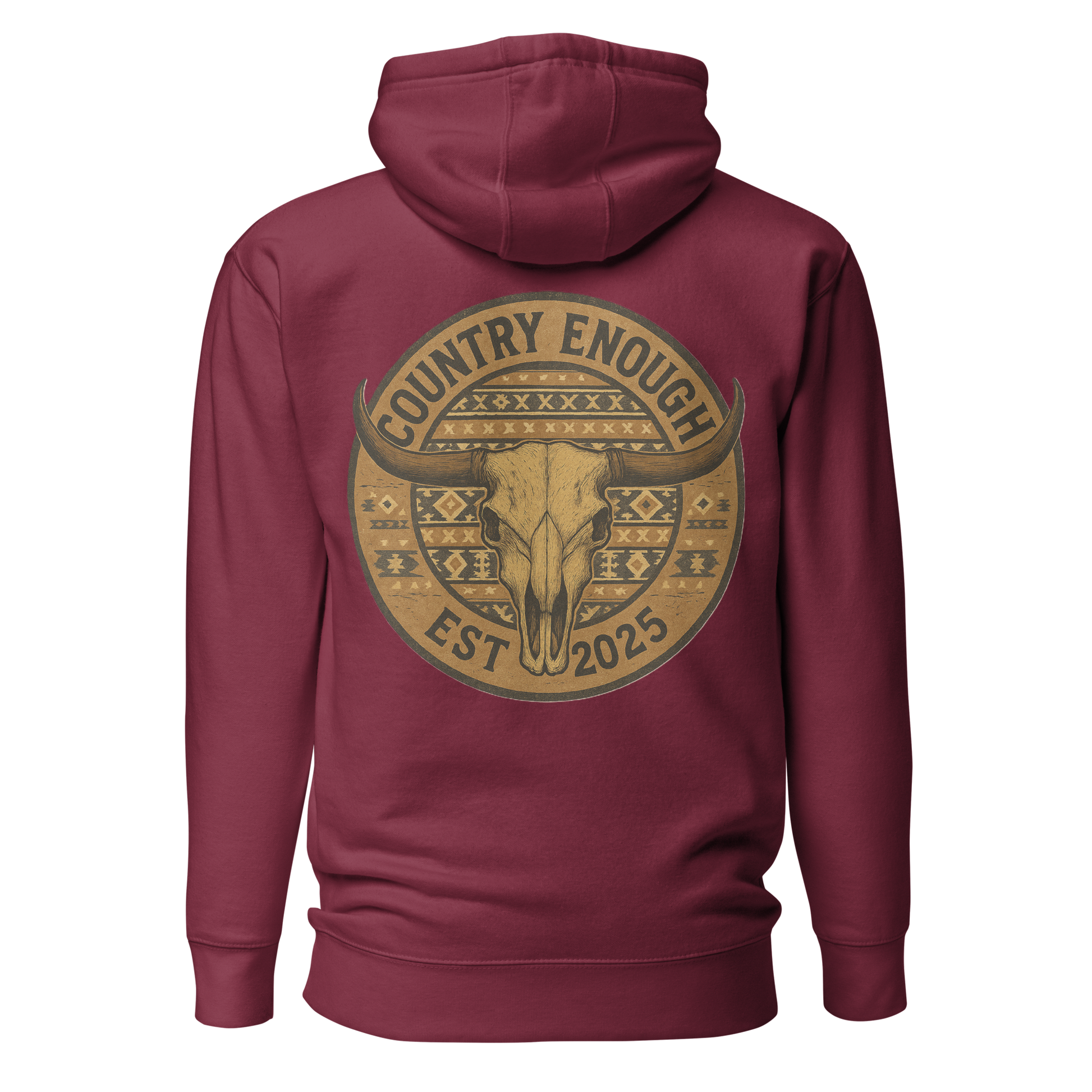 Maroon hoodie with western style graphic featuring longhorn skull and aztec print #maroon
