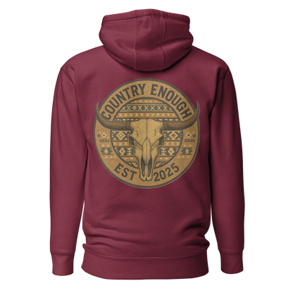Maroon hoodie with western style graphic featuring longhorn skull and aztec print #maroon