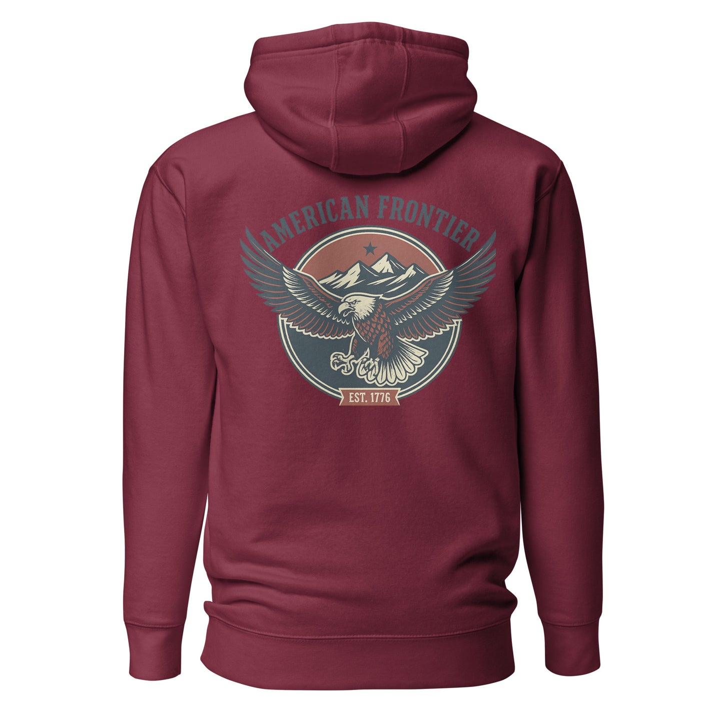 Maroon hoodie with an eagle and mountains in red, white, and blue with words American Frontier EST 1776 #maroon