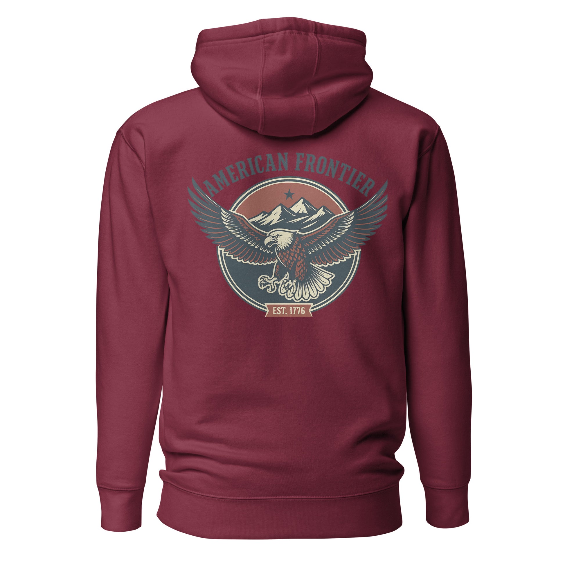 Maroon hoodie with an eagle and mountains in red, white, and blue with words American Frontier EST 1776 #maroon