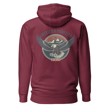 Maroon hoodie with an eagle and mountains in red, white, and blue with words American Frontier EST 1776 #maroon