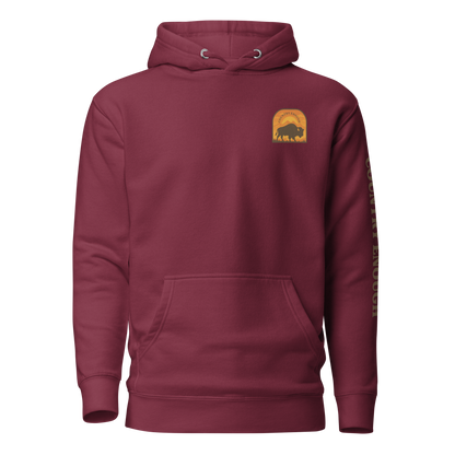 Maroon hoodie with a chest logo that includes a based, sunset, mountains, and the words country enough #maroon
