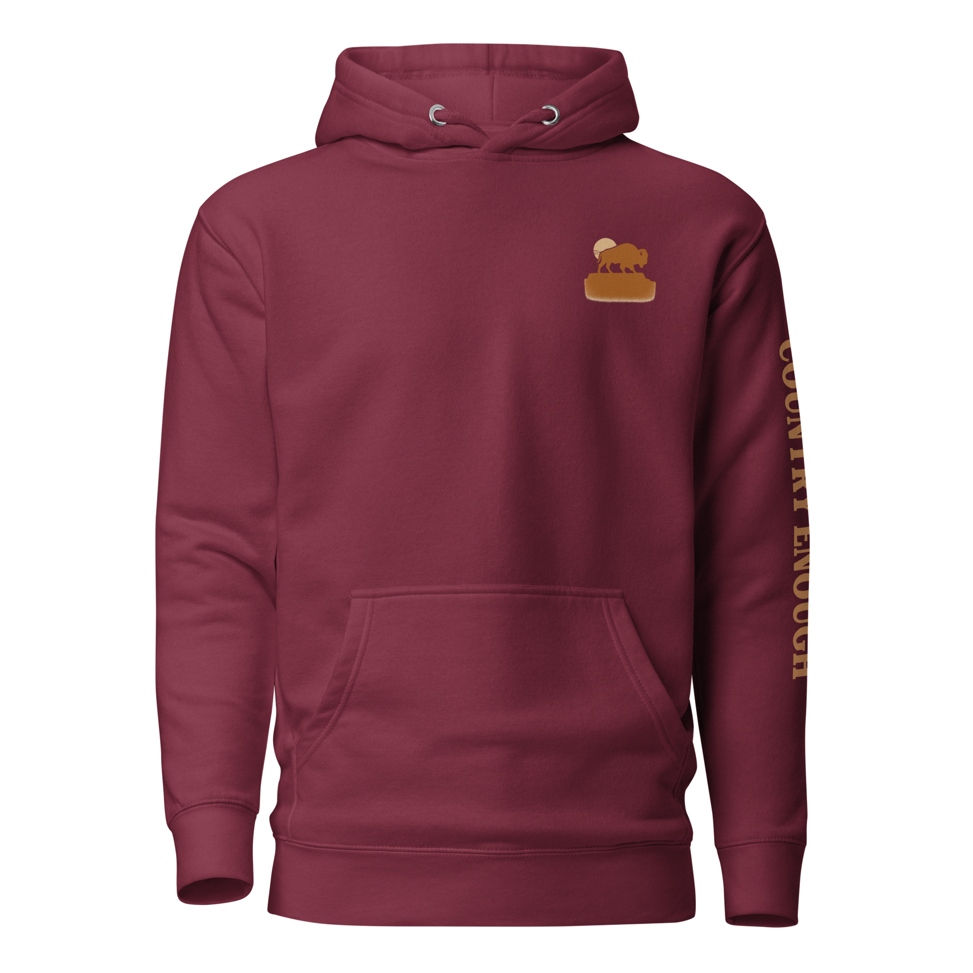 Maroon hoodie with graphic of bison atop a plateau, the sun behind, and the words country enough #maroon