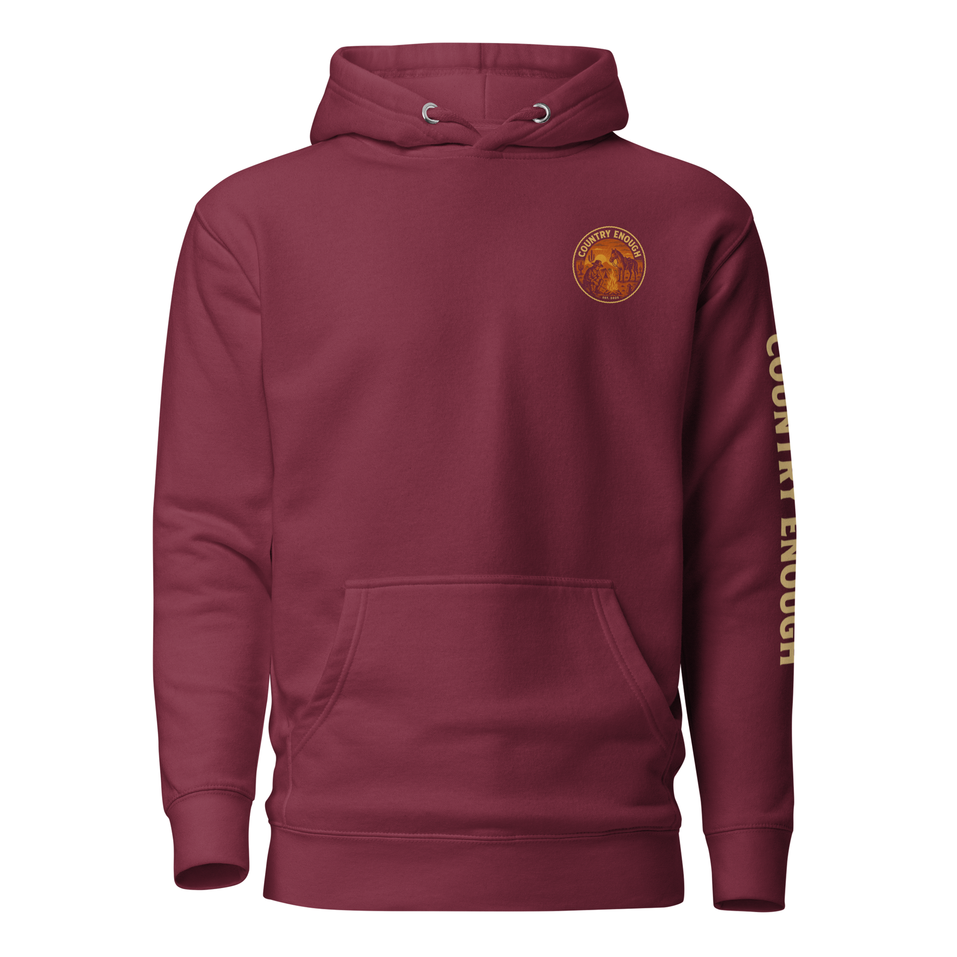 Maroon hoodie with circular graphic of a cowboy, horse, campfire, sun, cacti and desert landscape with words country enough #maroon
