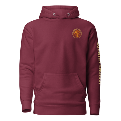 Maroon hoodie with circular graphic of a cowboy, horse, campfire, sun, cacti and desert landscape with words country enough #maroon