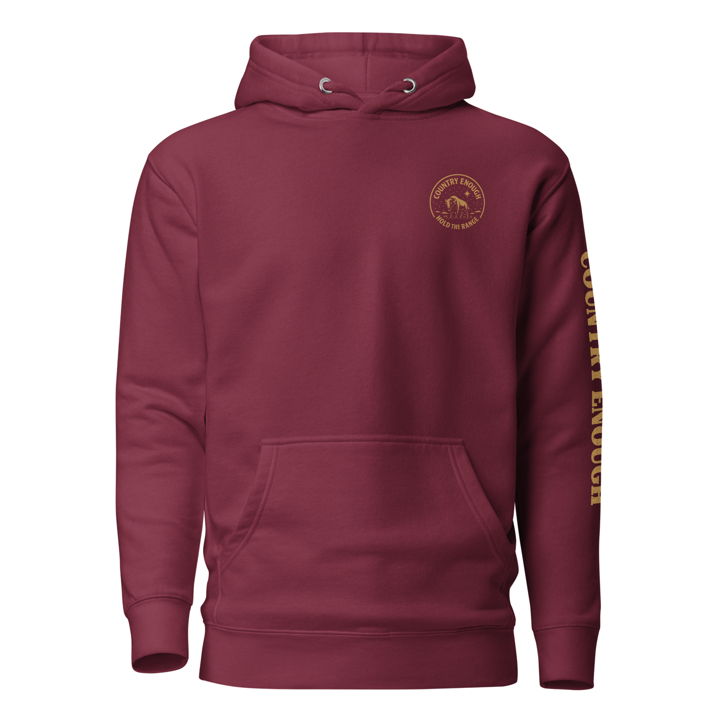 Maroon hoodie with circular graphic of a bison, starry sky, and the words country enough and hold the range #maroon