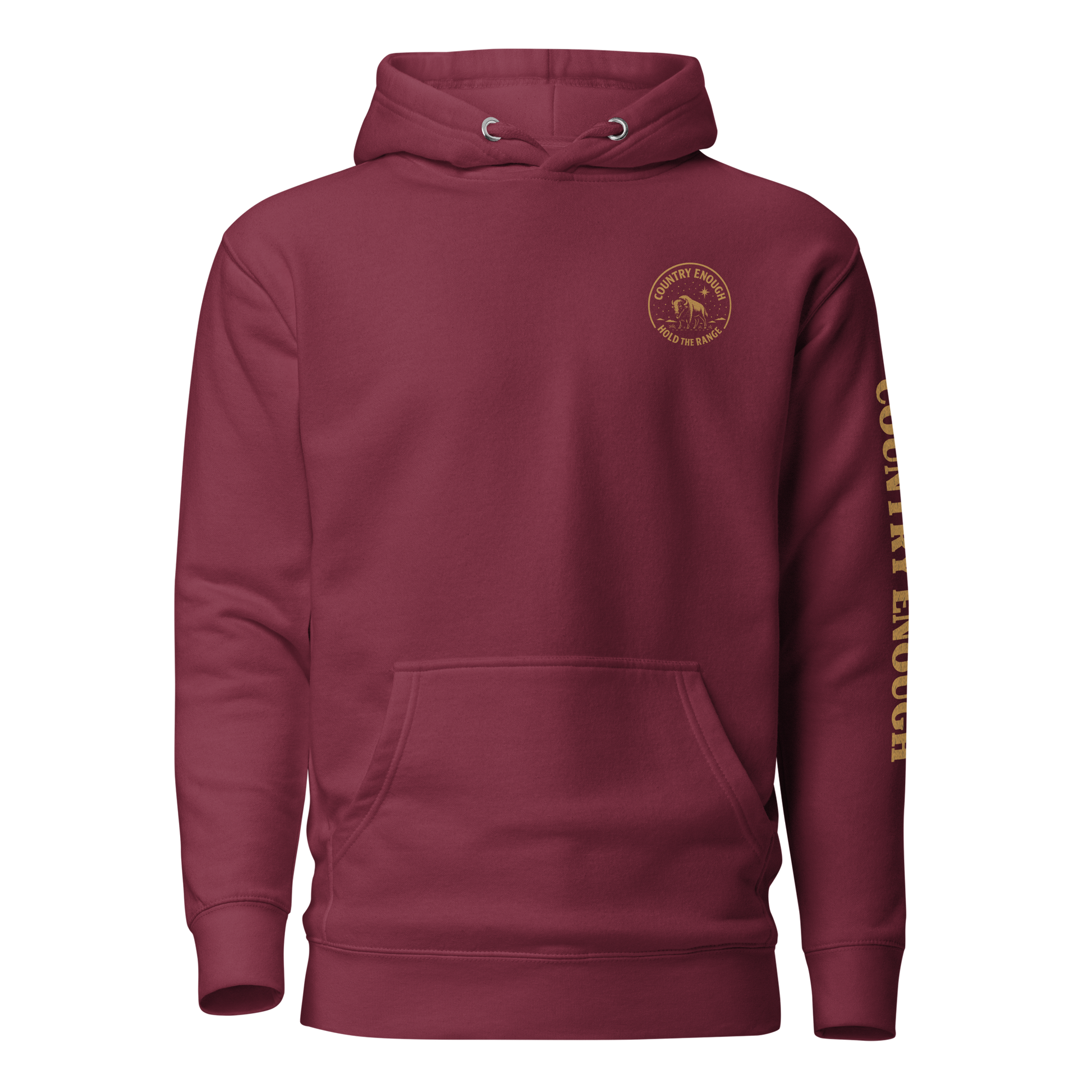 Maroon hoodie with circular graphic of a bison, starry sky, and the words country enough and hold the range #maroon