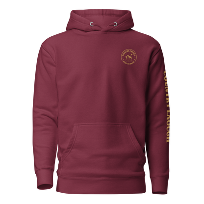 Maroon hoodie with circular graphic of a bison, starry sky, and the words country enough and hold the range #maroon