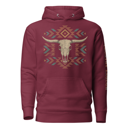 Maroon hoodie with graphic of aztec patter, bull skull, and the words country enough #maroon