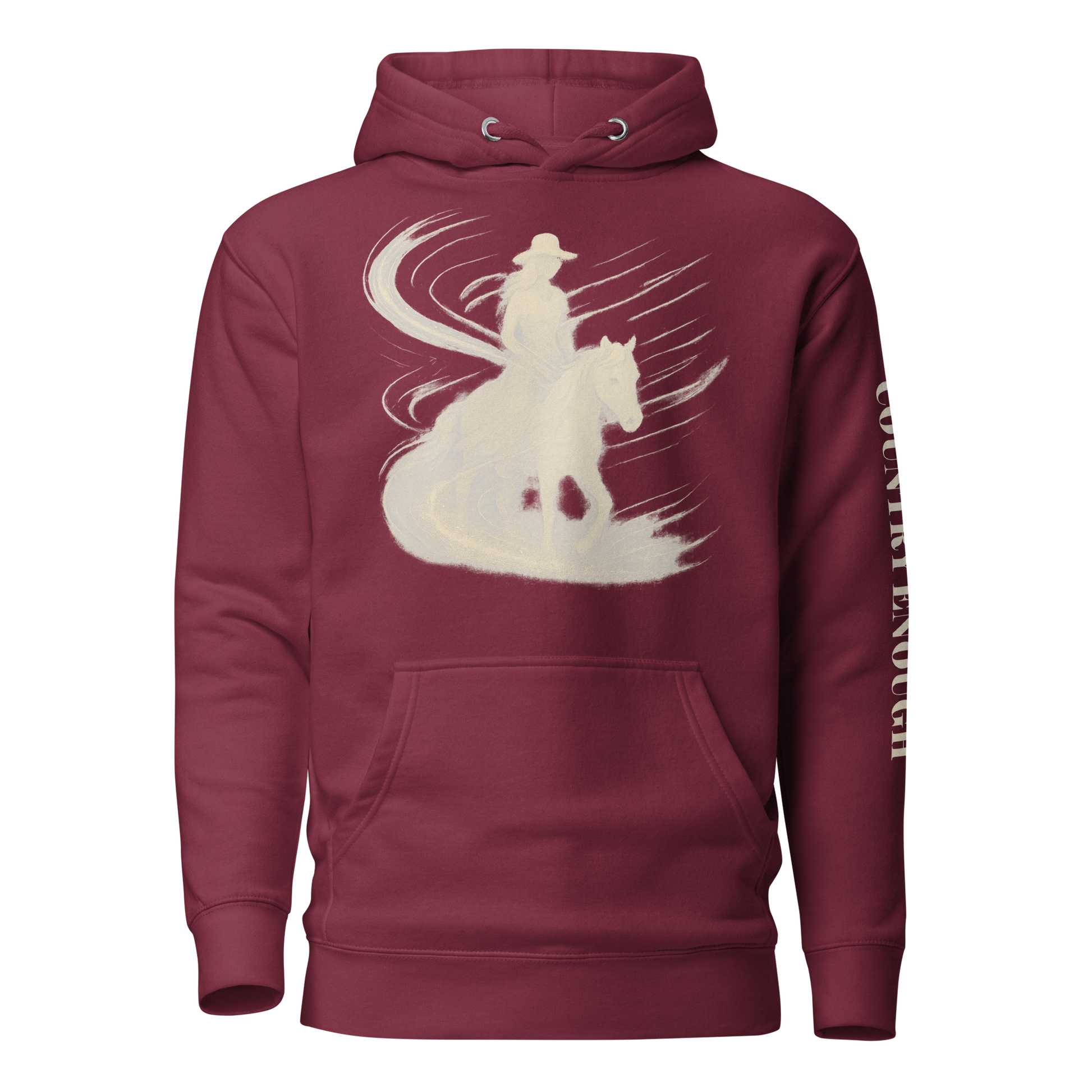 Maroon hoodie with graphic of a cowgirl silhouette in a light pink color with words country enough #maroon