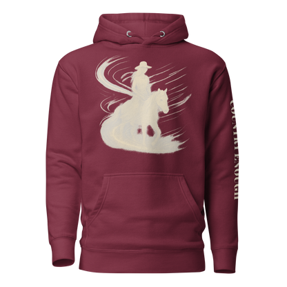 Maroon hoodie with graphic of a cowgirl silhouette in a light pink color with words country enough #maroon