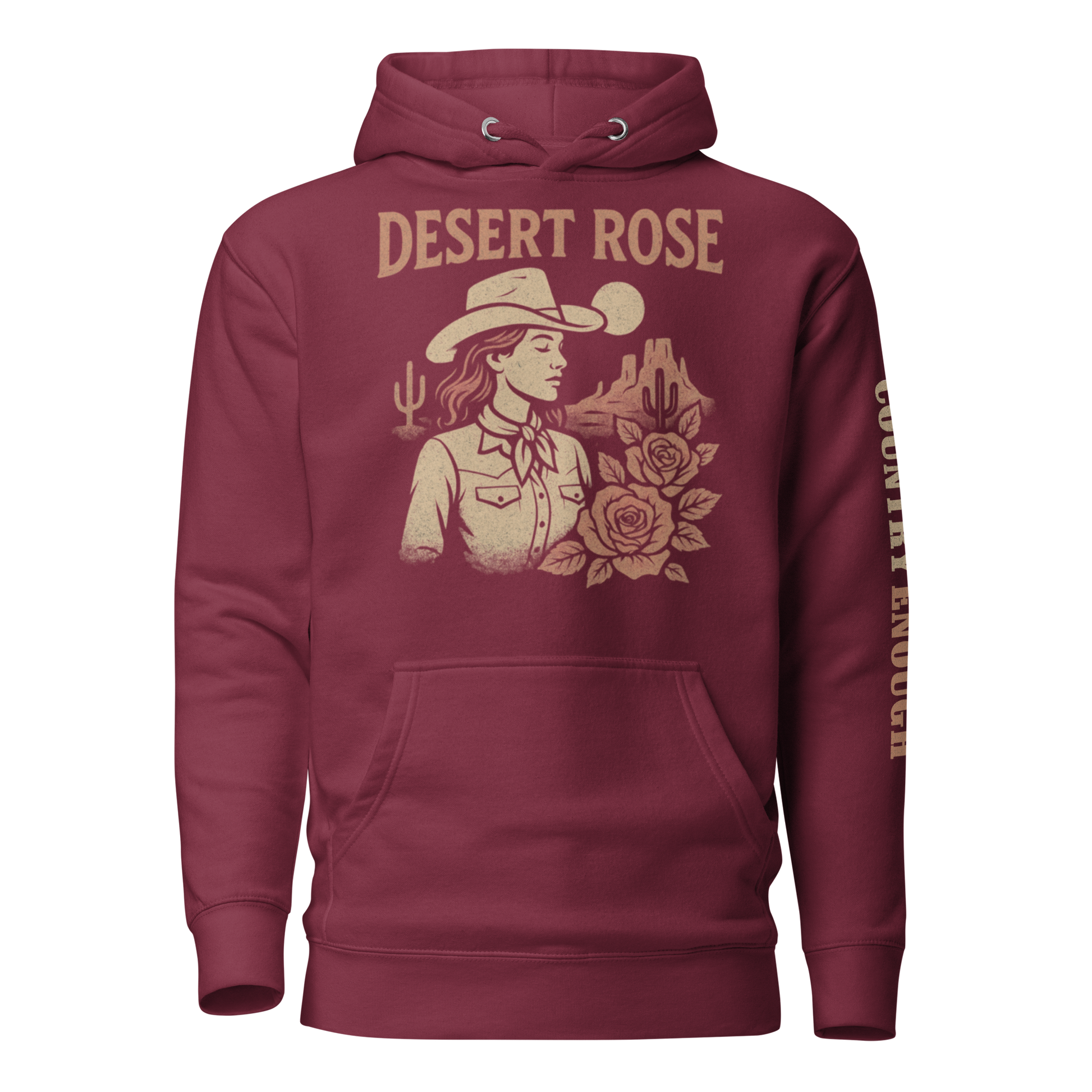 Maroon hoodie with graphic of cowgirl, roses, sun, and desert landscape #maroon