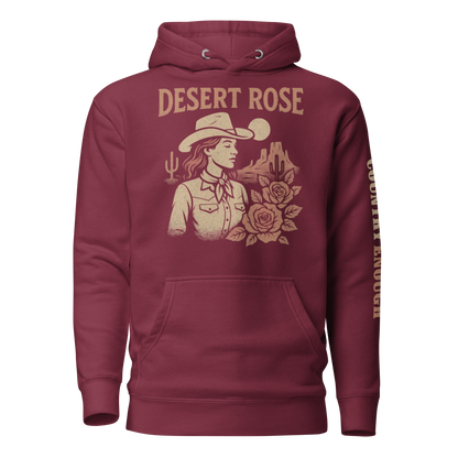 Maroon hoodie with graphic of cowgirl, roses, sun, and desert landscape #maroon