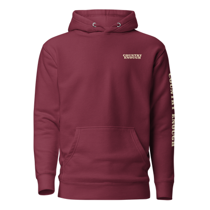 Maroon hoodie with graphic of the words country enough #maroon